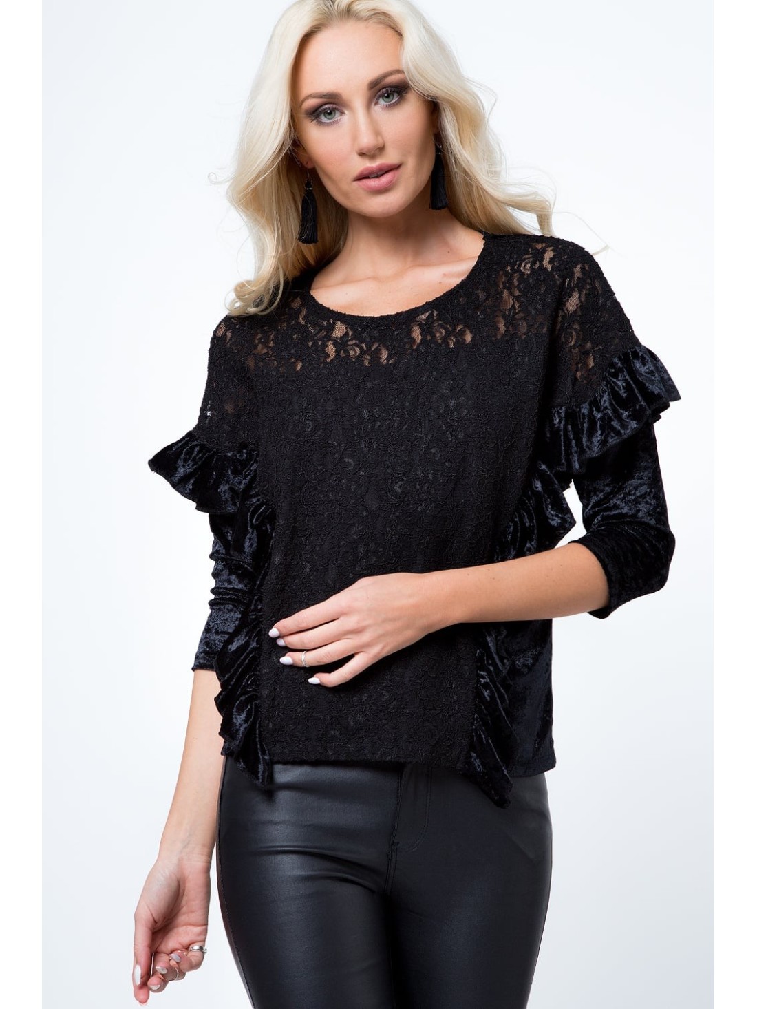 Bluse mit Spitze aus Pannesvelours, schwarz MP28514 – Online-Shop – Boutique